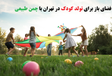 فضای باز برای تولد کودک در تهران با زمین چمن و خانه بازی کودکان