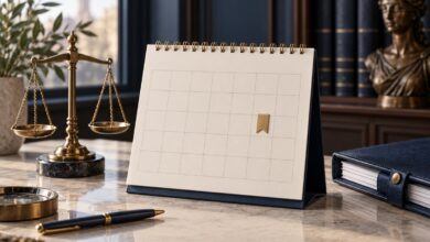 تقویم رومیزی نمادین بدون تاریخ در کنار ترازوی عدالت و پرونده حقوقی