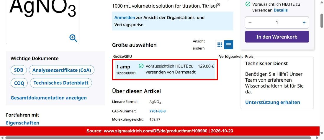 تصویر قیمت جهانی تیترازول نیترات نقره مرک آلمان کد 109990 در سایت مرجع